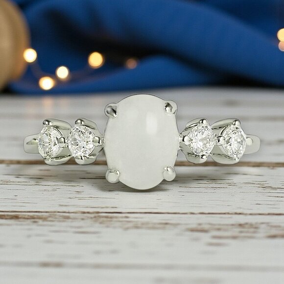 🆕Moonstone Minimalist Ring S925 Sterling Silver Genuine Gemstone & CZ Stones - Picture 1 of 10